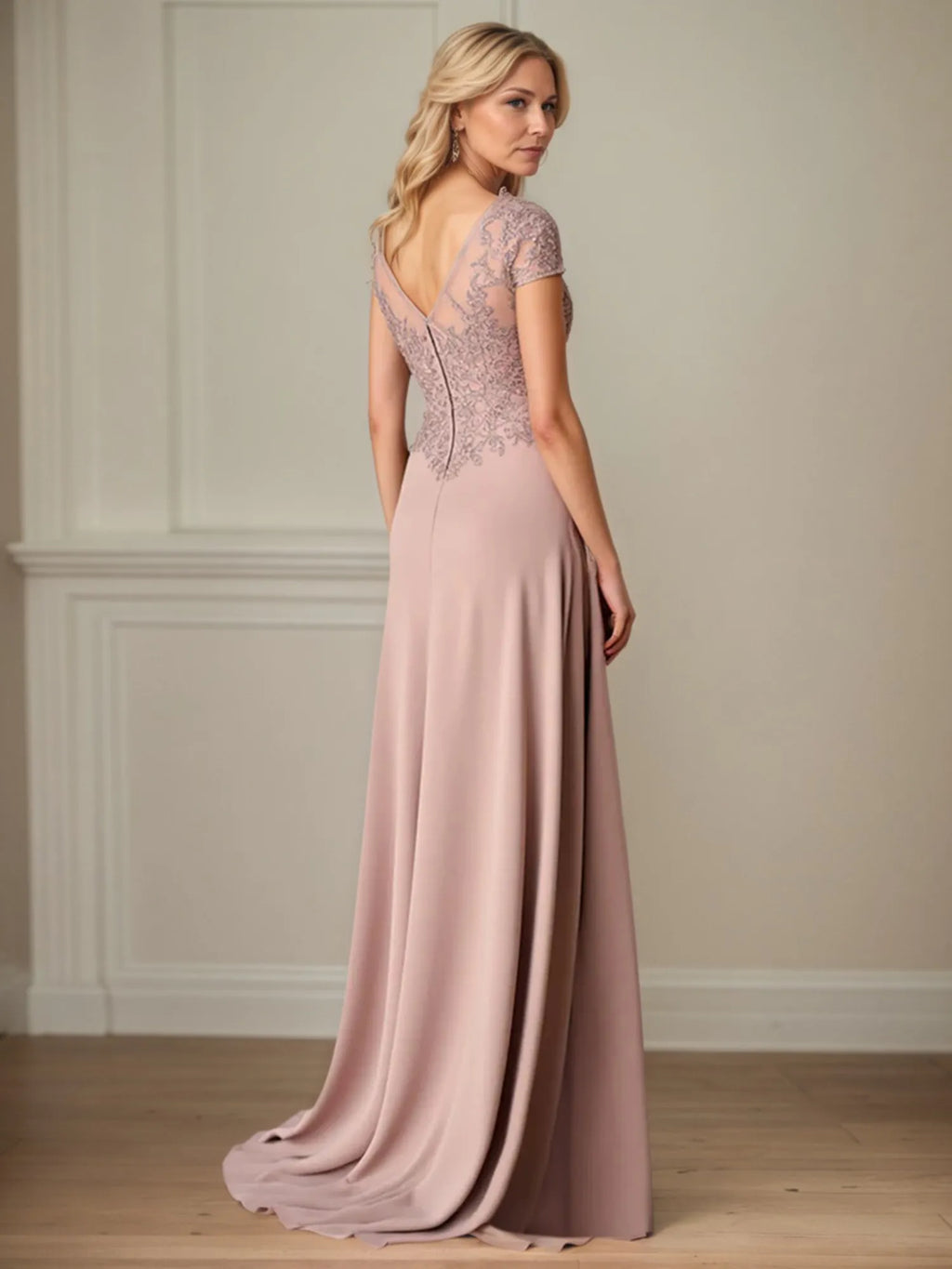 A-Linien Satin Kurzarm bodenlanges Mutter-der-Braut-Kleid mit Spitze