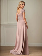 A-Linien Satin Kurzarm bodenlanges Mutter-der-Braut-Kleid mit Spitze