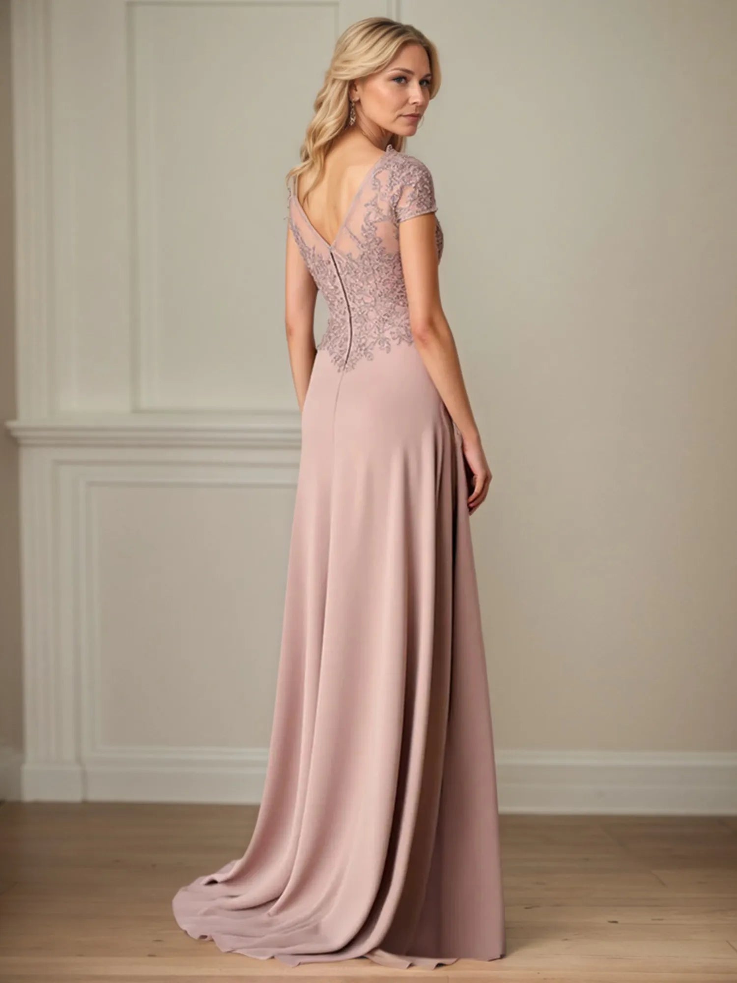 A Line Satin Short Sleeve Floor Length Mother of the Bride Dress with Lace