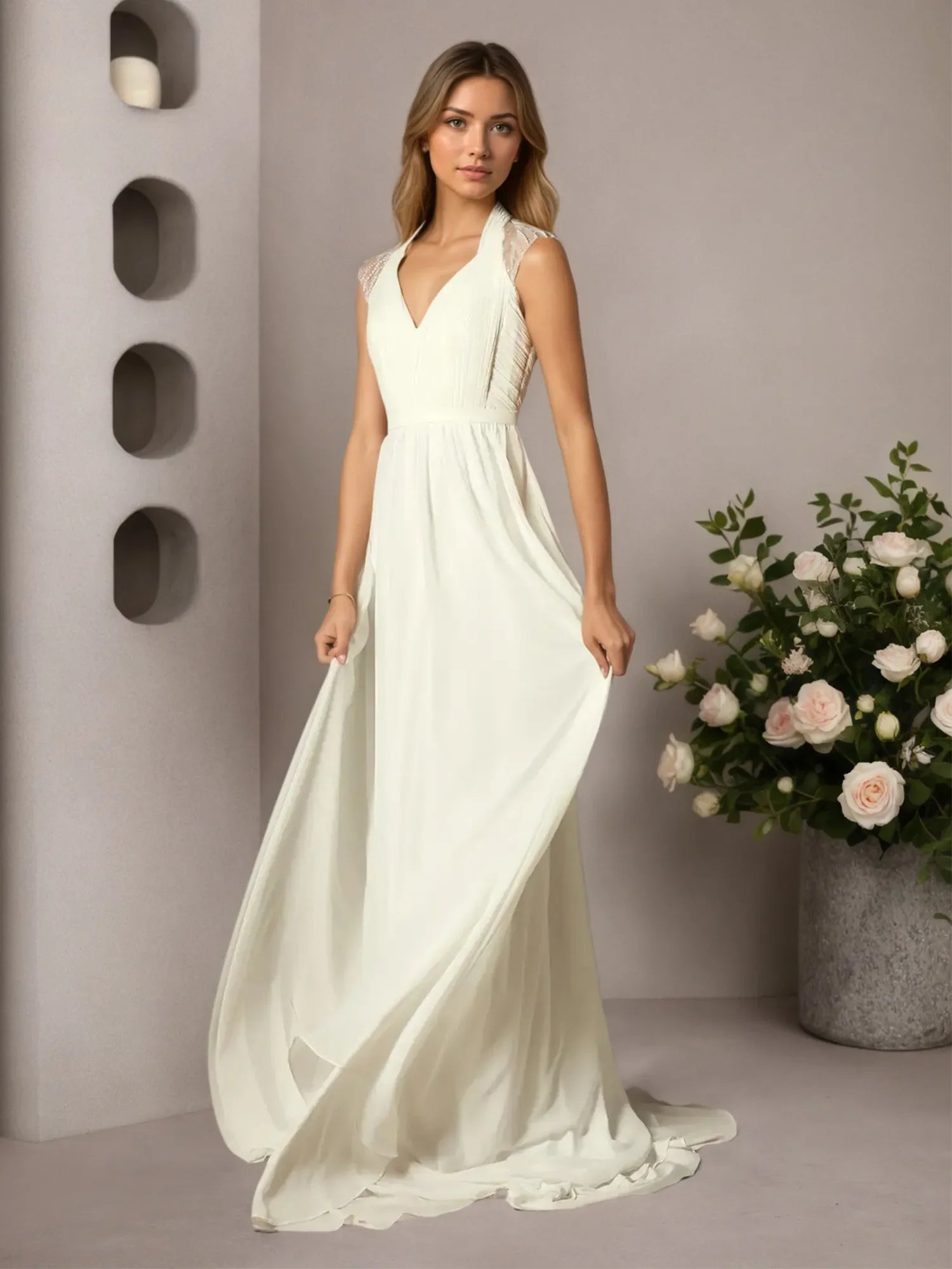 Abito crema a linea A in chiffon plissettato