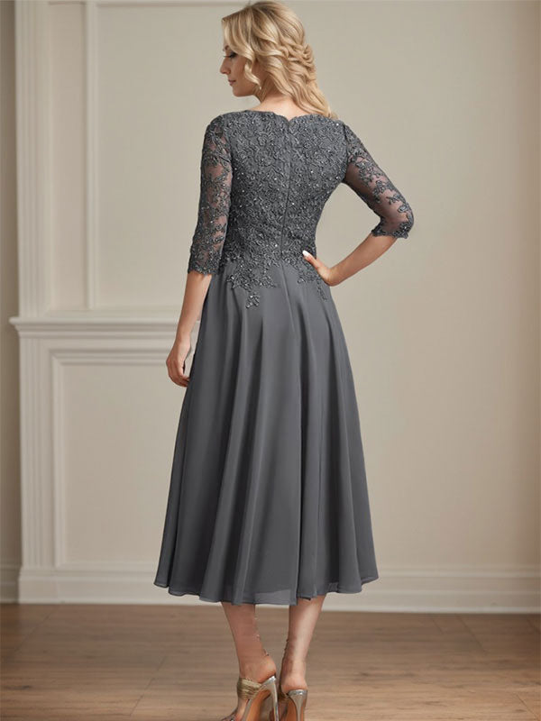 Robe de mère de la mariée en mousseline longueur thé, ligne A, col en V, en dentelle avec perles et sequins