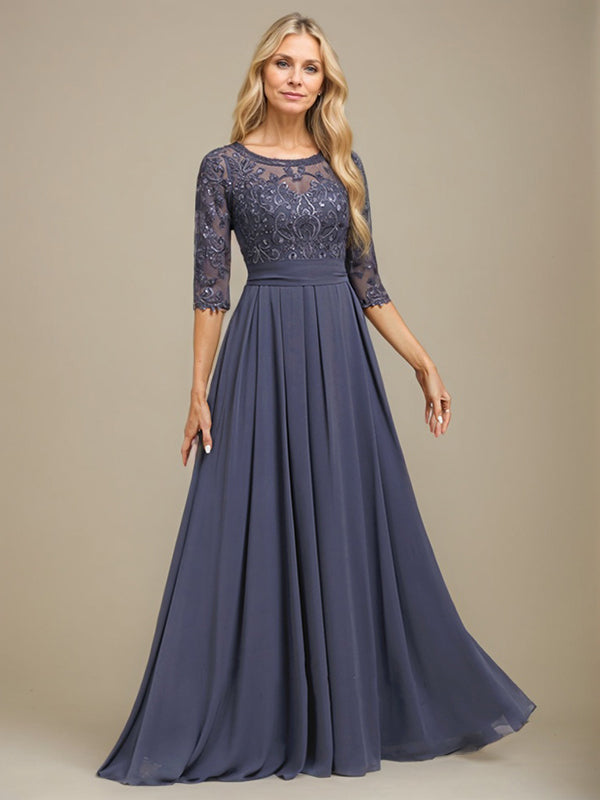 Vestido largo hasta el suelo en línea A con escote redondo, encaje y gasa para madre de la novia con apliques de lentejuelas