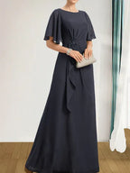 A-Linien Rundhals bodenlanges Chiffon Mutter der Braut Kleid mit kaskadierenden Rüschen Perlen Pailletten