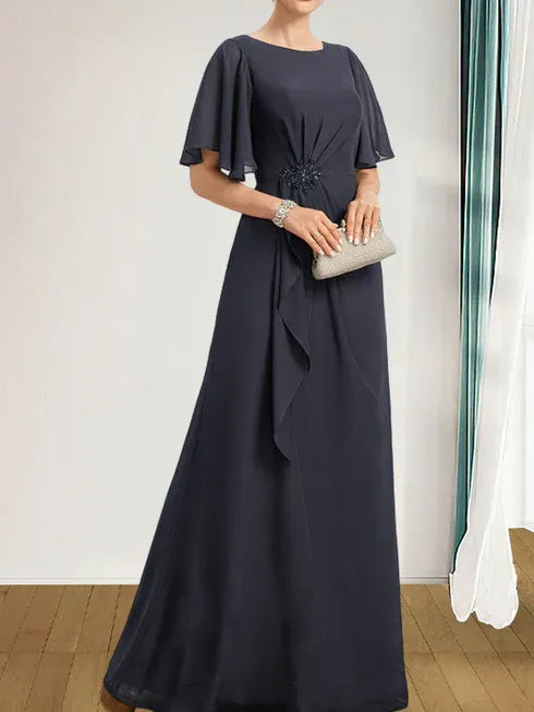 A-Linien Rundhals bodenlanges Chiffon Mutter der Braut Kleid mit kaskadierenden Rüschen Perlen Pailletten