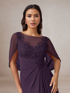 Plum Sheath/Column Chiffon Boat Neck Floor Length Mother of the Bride Dress