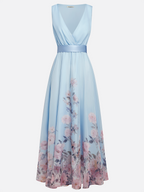 Hellblaues Blumen-Chiffon V-Ausschnitt Ärmelloses A-Linien Maxikleid
