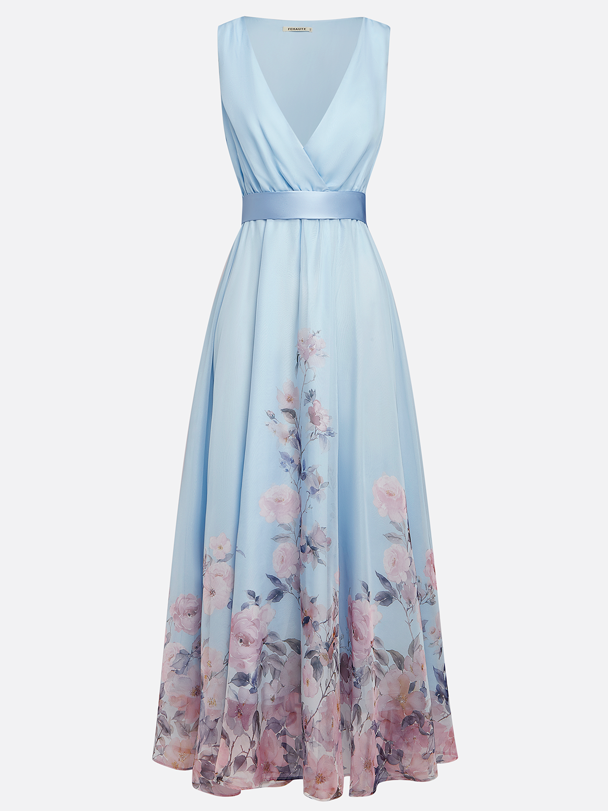Hellblaues Blumen-Chiffon V-Ausschnitt Ärmelloses A-Linien Maxikleid