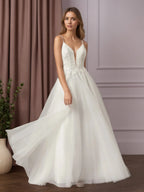 Abito bianco a linea A con scollo a V, paillettes e tulle senza maniche