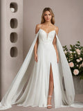 Vestido de novia blanco de gasa con lentejuelas sin mangas y escote off the shoulder en línea A