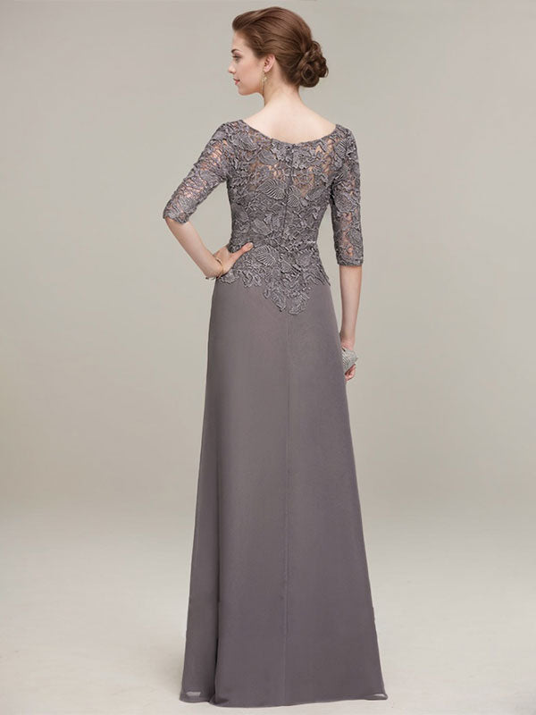 Vestido longo para mãe da noiva evasê com decote ilusão redondo, renda chiffon e babados cascata