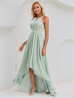 Agave Chiffon A Line Halter Neck Sleeveless Asymmetrical Bridesmaid Dress With Ruffle