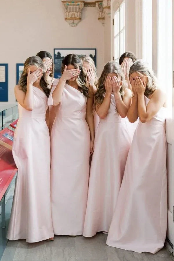 Light Blue One Shoulder Satin Sheath Long Bridesmaid Dresses