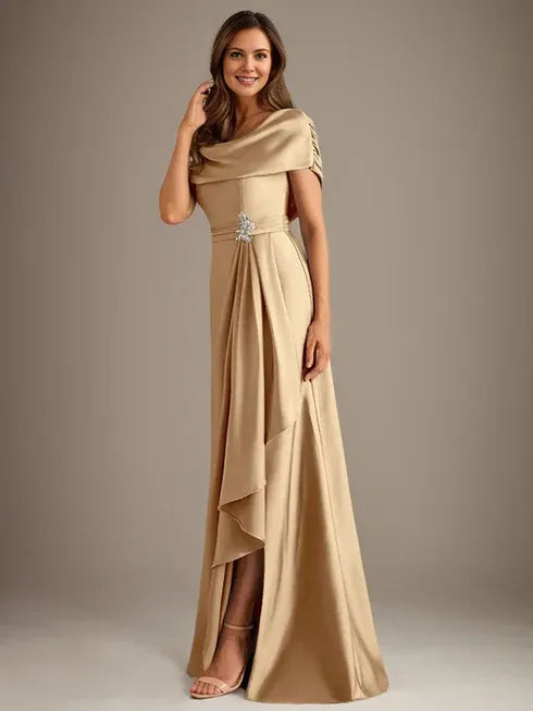 Vestido de madre de la novia en línea A de satén elástico con escote redondo hasta el suelo y volantes en cascada