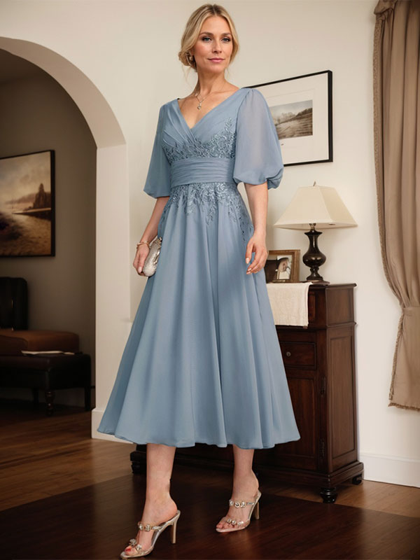 Robe mère de la mariée ligne A en dentelle et chiffon, col en V, longueur thé, avec plis