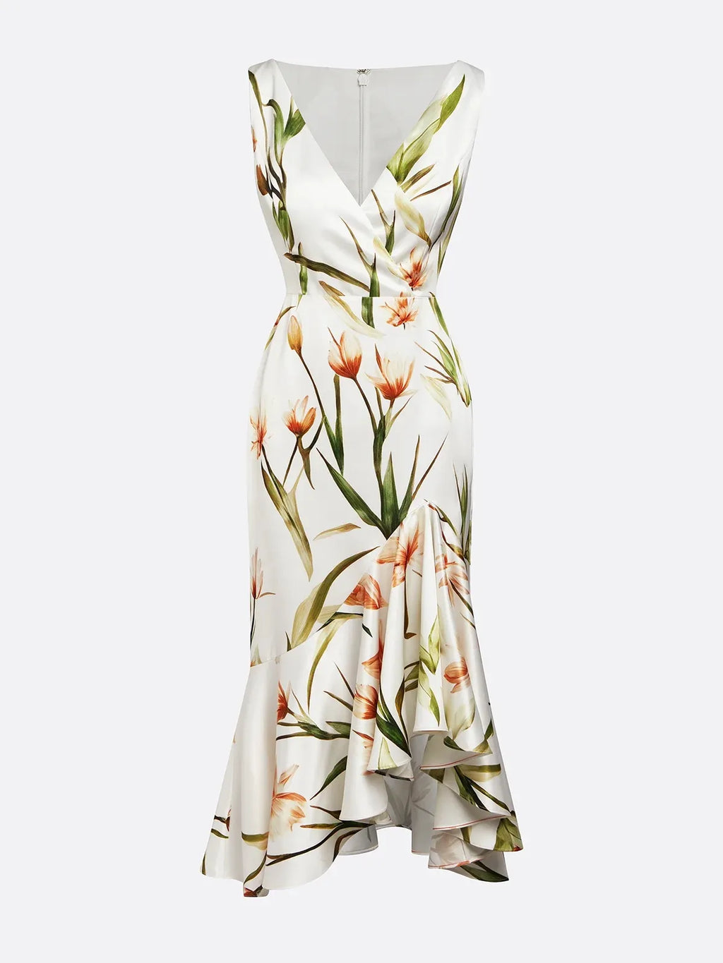 Vestido midi de satén marfil con escote en V y corte sirena floral