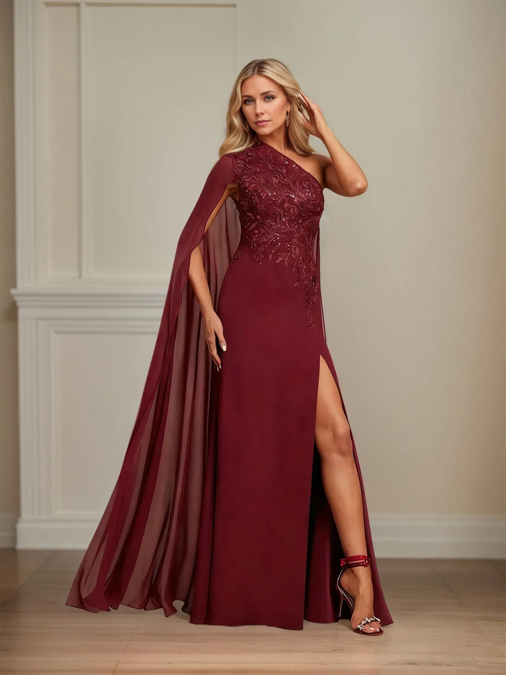 Vestido de Mãe da Noiva em Chiffon, Modelo Tubinho/Coluna, Ombro Único, Comprimento Longo com Apliques