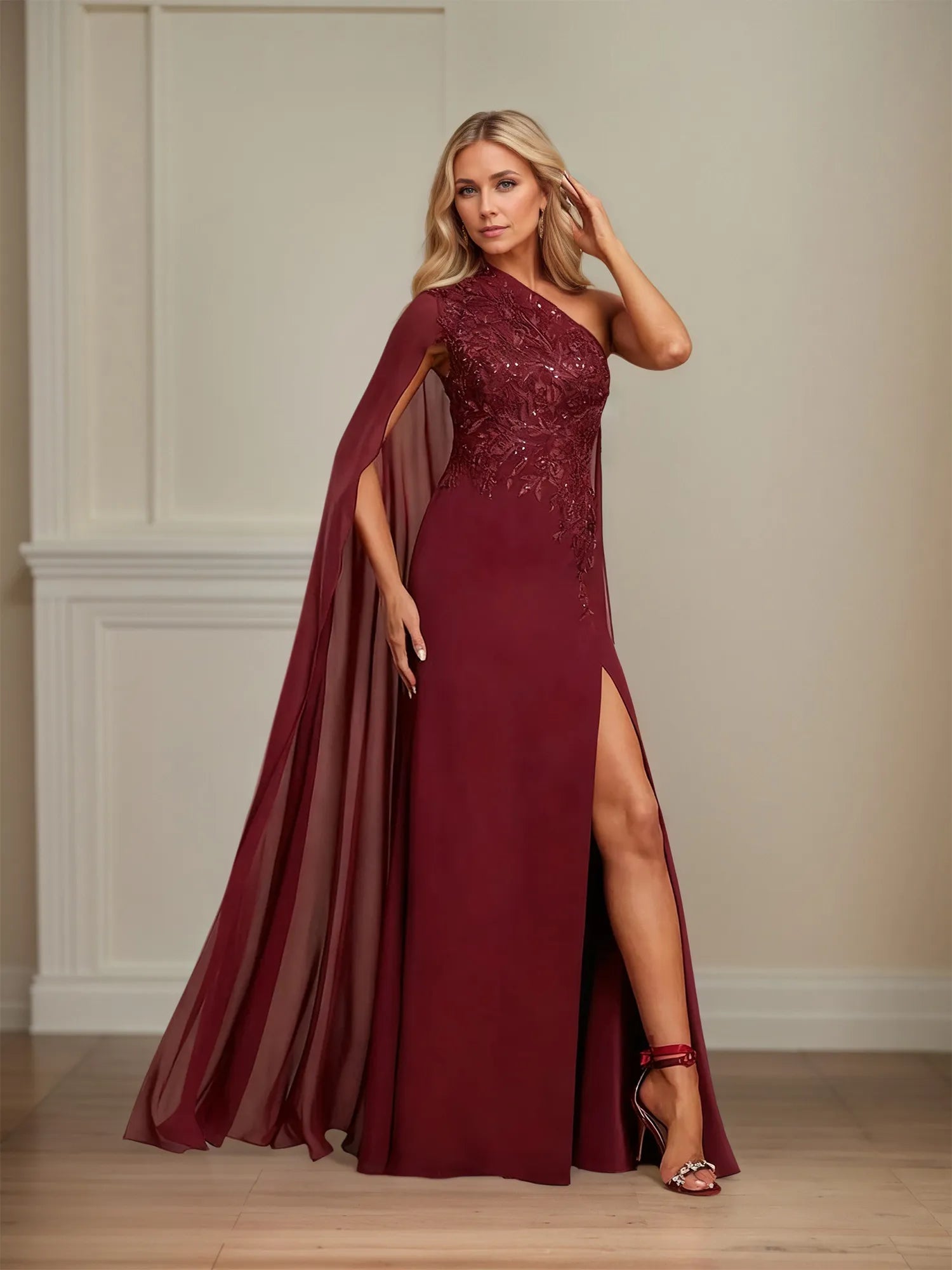 Vestido de Mãe da Noiva em Chiffon, Modelo Tubinho/Coluna, Ombro Único, Comprimento Longo com Apliques