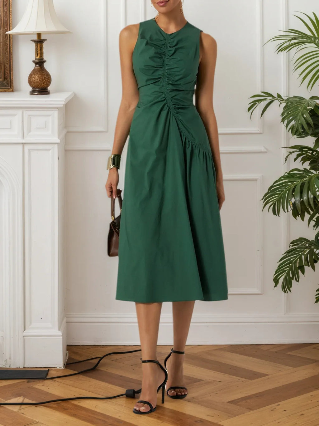 Green Shirred Cotton Crew Neck Sleeveless A-Line Midi Dress