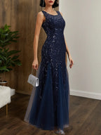 Robe maxi sans manches bleu violet à sequins à col rond et coupe droite