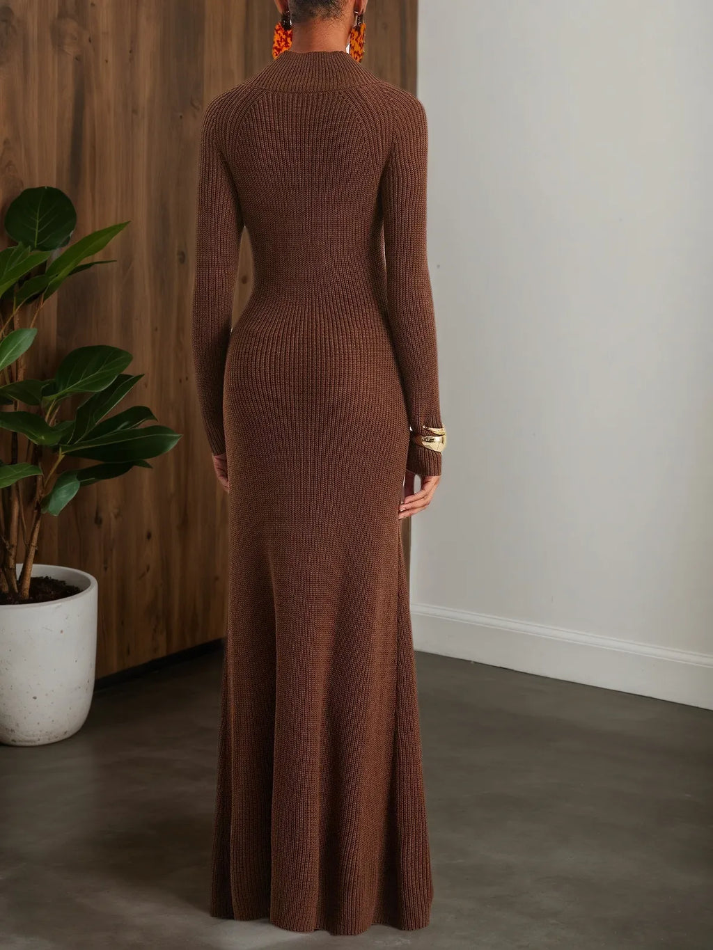 Robe pull longue en laine marron, ligne A, manches longues