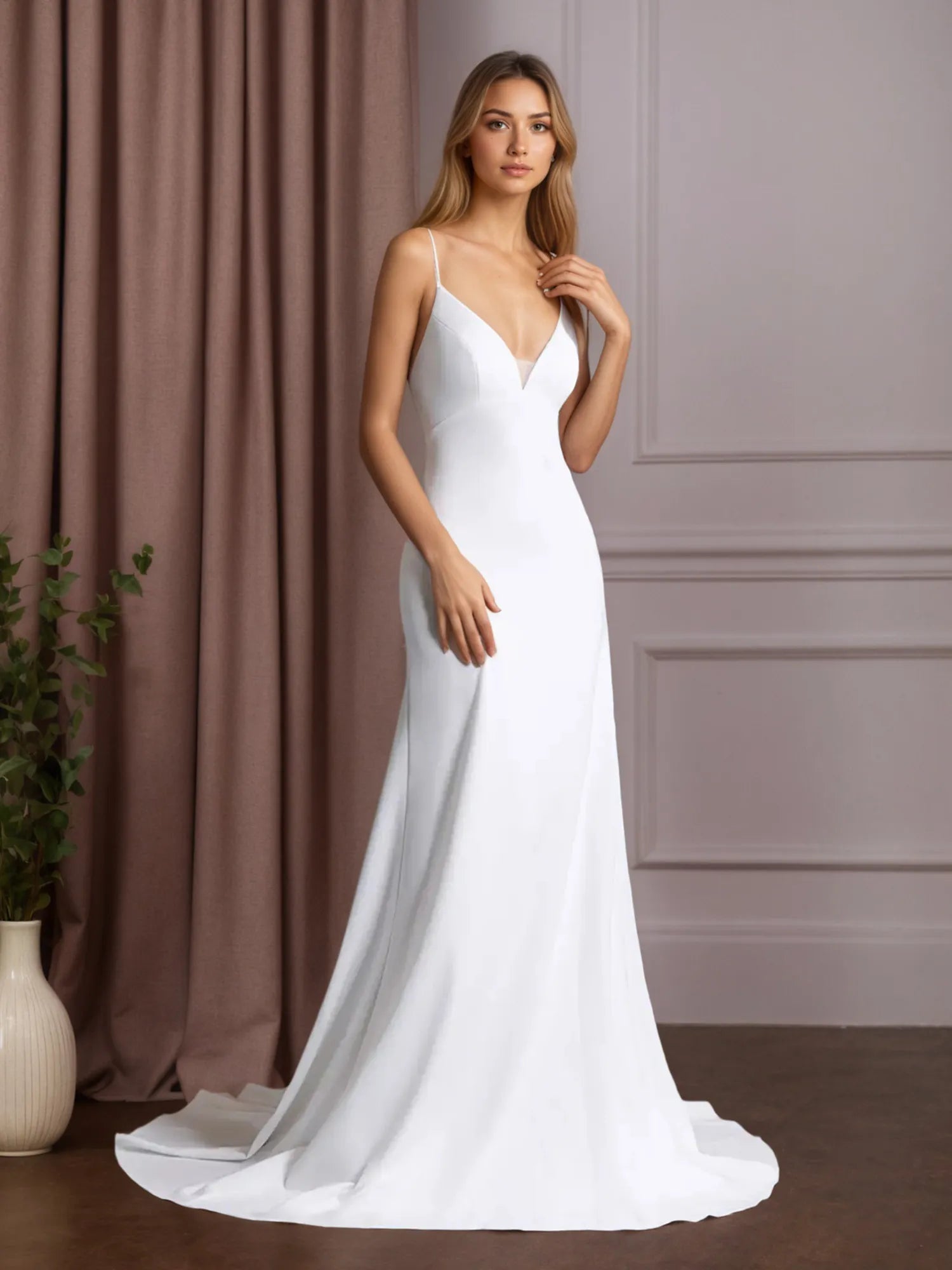 Weißes Meerjungfrau Stretch Krepp Hochzeitskleid