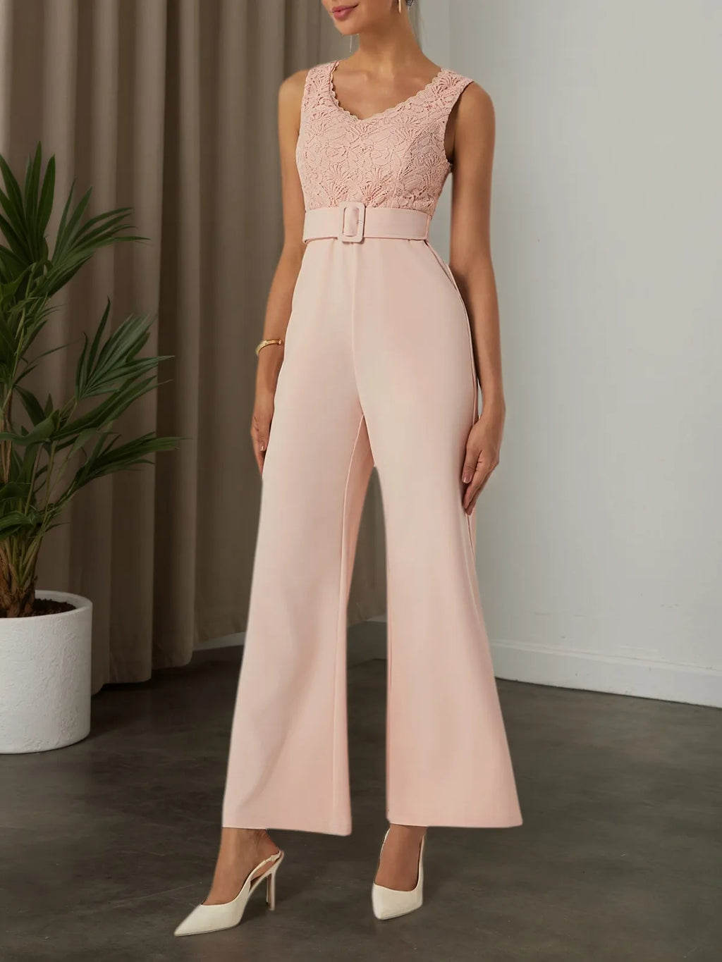 Women Pink Lace V Neck Sleeveless Ankle Length Dressy Jumpsuit