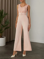 Women Pink Lace V Neck Sleeveless Ankle Length Dressy Jumpsuit