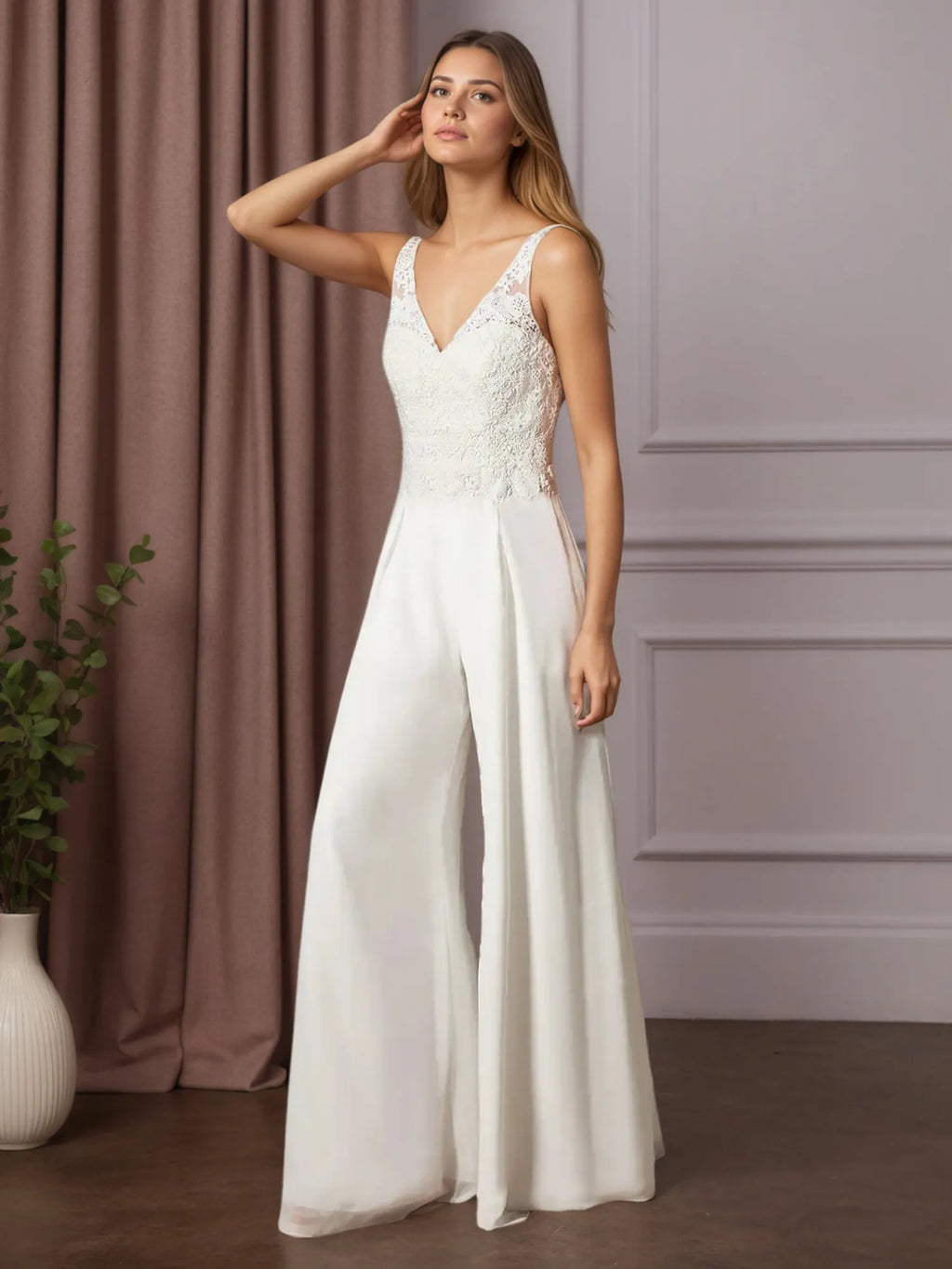 Vestido de novia blanco de encaje y gasa, con escote en V y pantalones