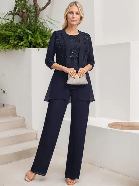 Conjunto de mono/pantalón con escote redondo, largo hasta el suelo, de gasa y encaje para madre de la novia con lentejuelas