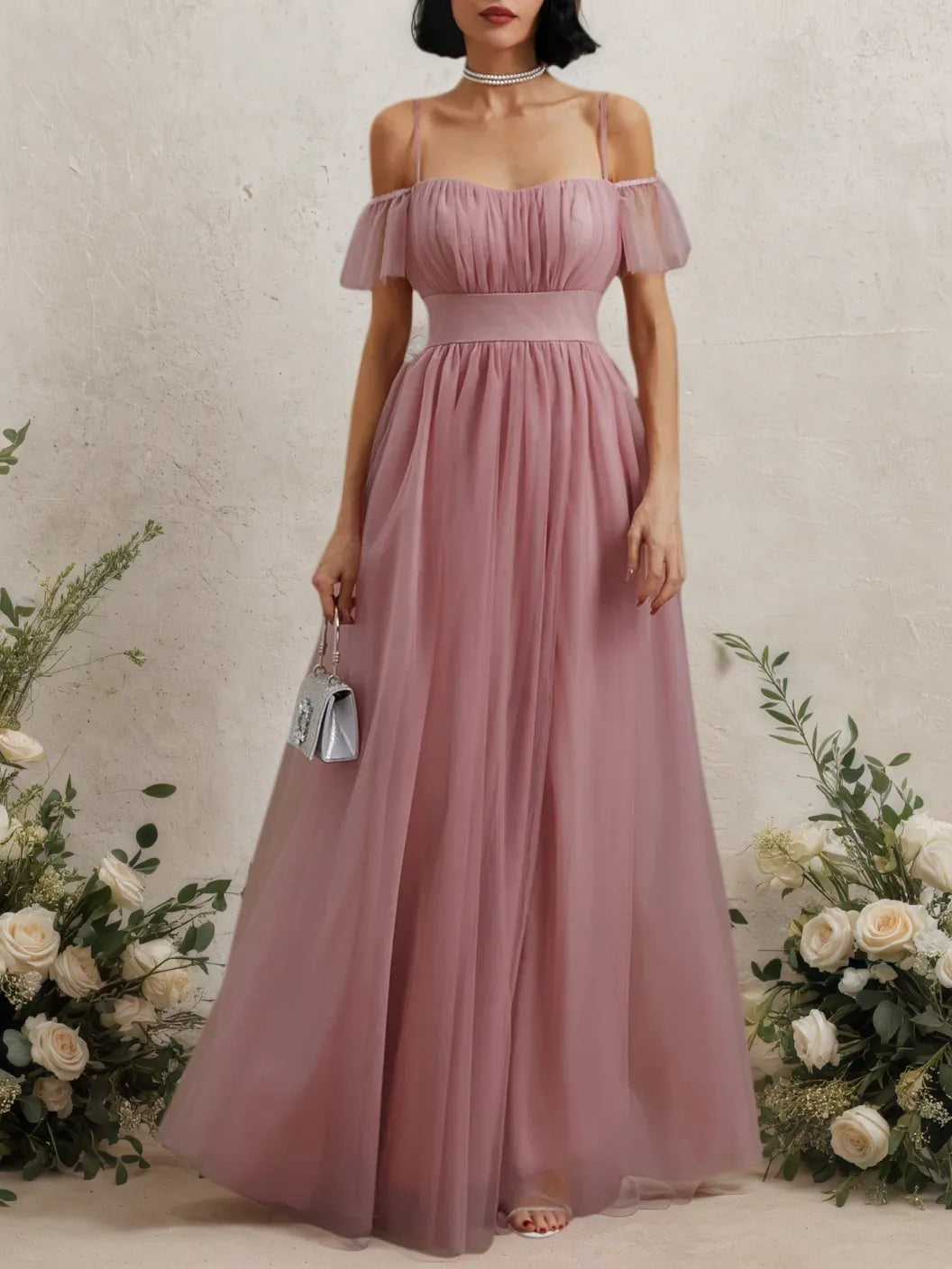Vestido maxi clásico rosa en línea A con escote hombros descubiertos y mangas cortas