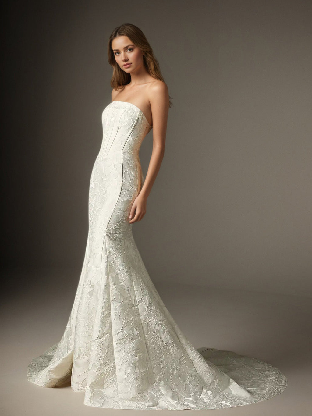 Vestido de novia blanco sirena sin tirantes de jacquard floral