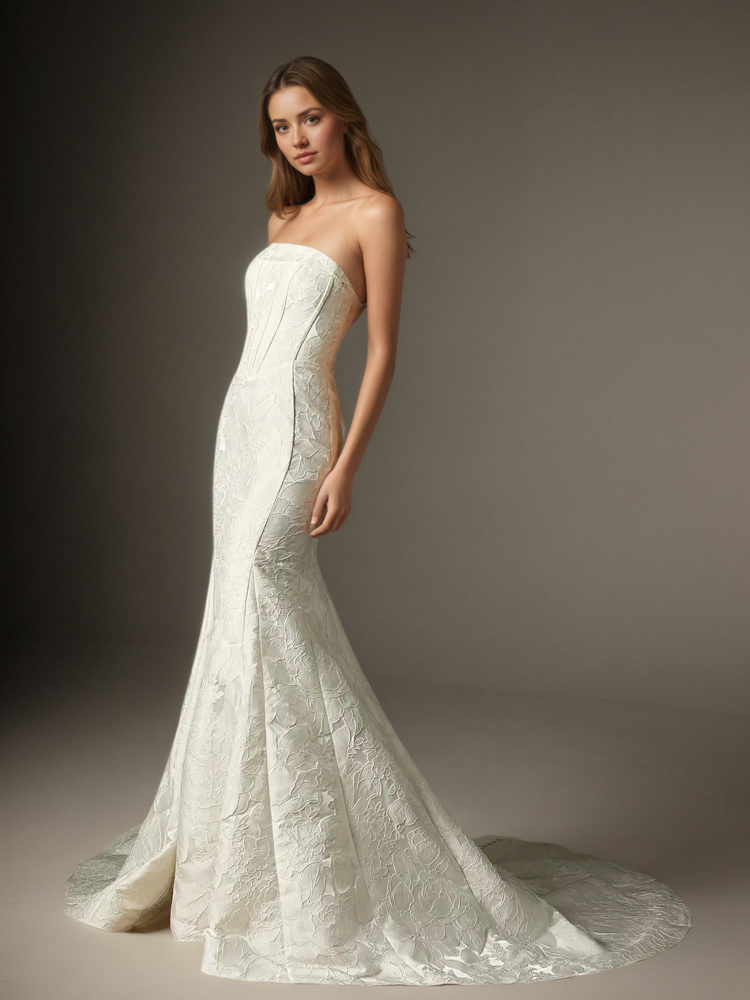 Vestido de novia blanco sirena sin tirantes de jacquard floral