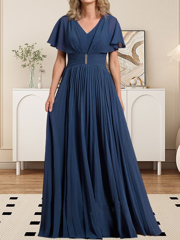A-Linien V-Ausschnitt Bodenlanges Chiffon Brautmutterkleid mit Kristallbrosche und Plisseefalten