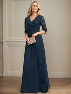 Robe de mère de la mariée en dentelle et chiffon, coupe A, col V avec col, longueur au sol, sequins et volants en cascade