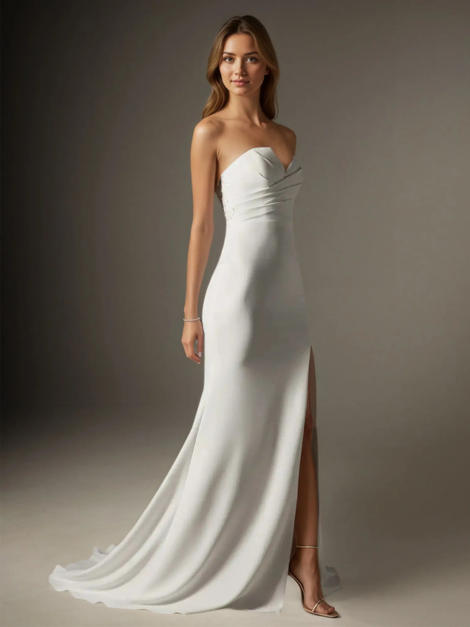 Vestido de noiva branco trompete/sereia com decote em V e crepe stretch