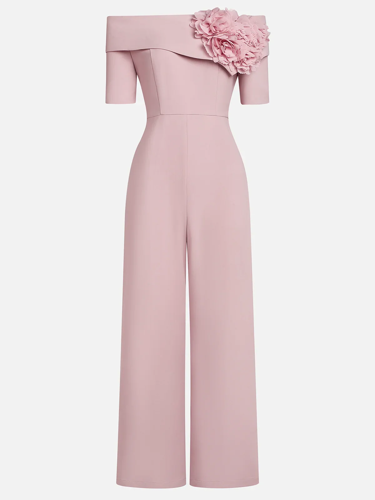 Women Pink 3D Floral Off The Shoulder Short Sleeve Dressy Jumpsuit