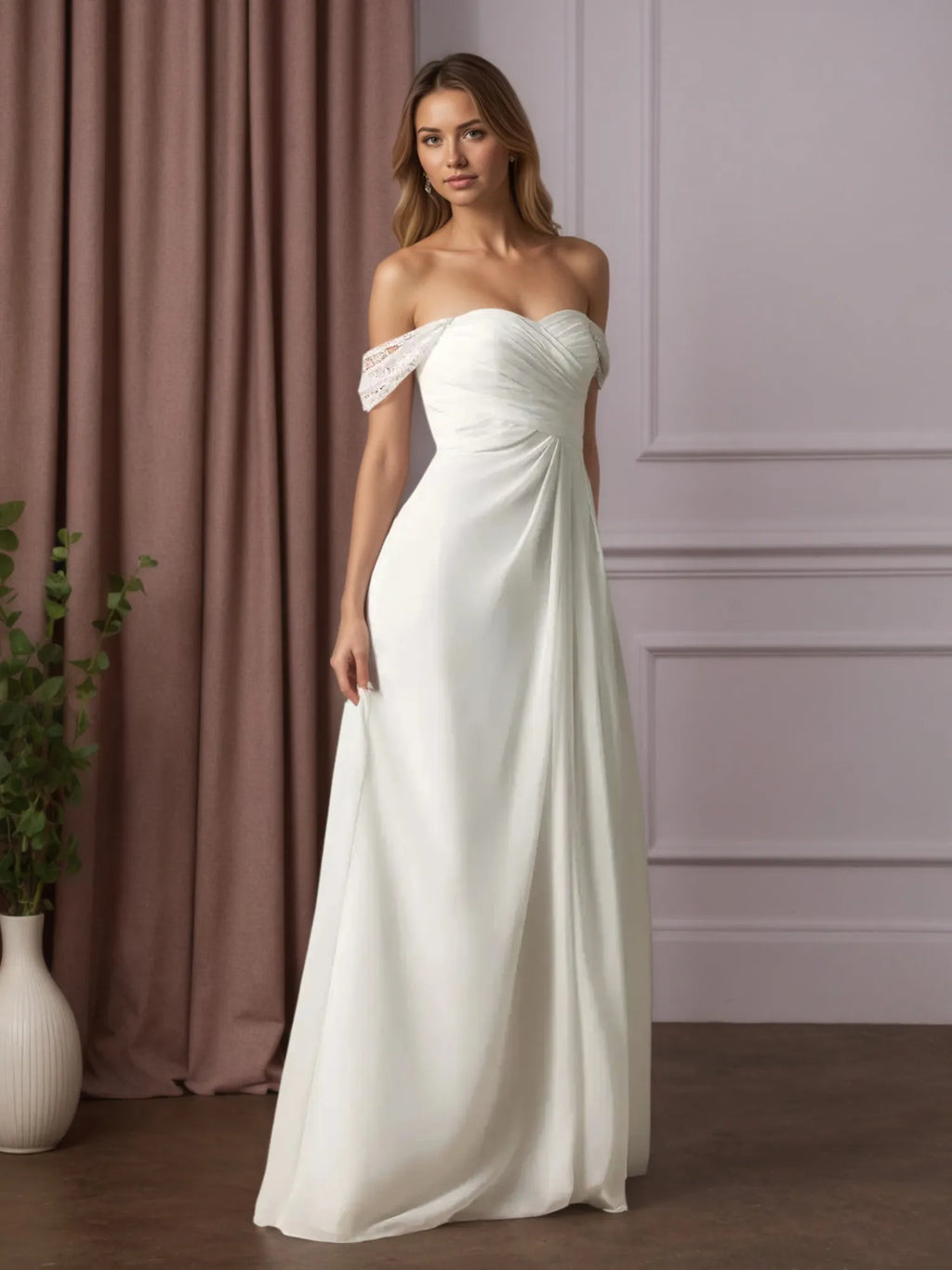 Vestido de casamento branco em linha A de chiffon ombro a ombro