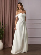 Vestido de casamento branco em linha A de chiffon ombro a ombro