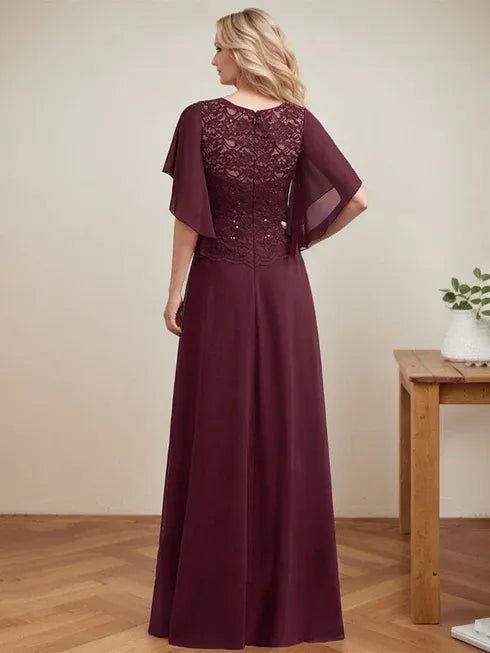 A-Linien Rundhals Illusions-Bodenlanges Spitzen-Chiffon Mutter-der-Braut-Kleid mit Pailletten