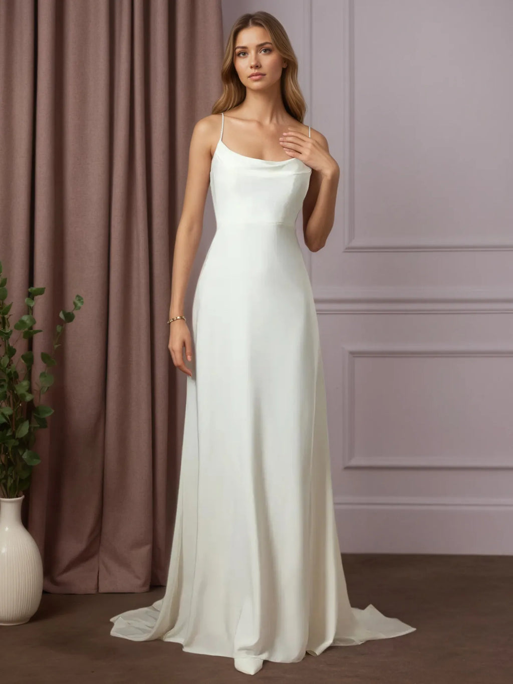 White A-Line Beaded Crepe Back Satin Wedding Dress