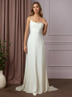 White A-Line Beaded Crepe Back Satin Wedding Dress