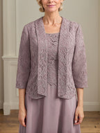 A-Linien Kleid mit Rundhalsausschnitt, tea-länge, Spitze und Chiffon, Mutter der Braut Kleid