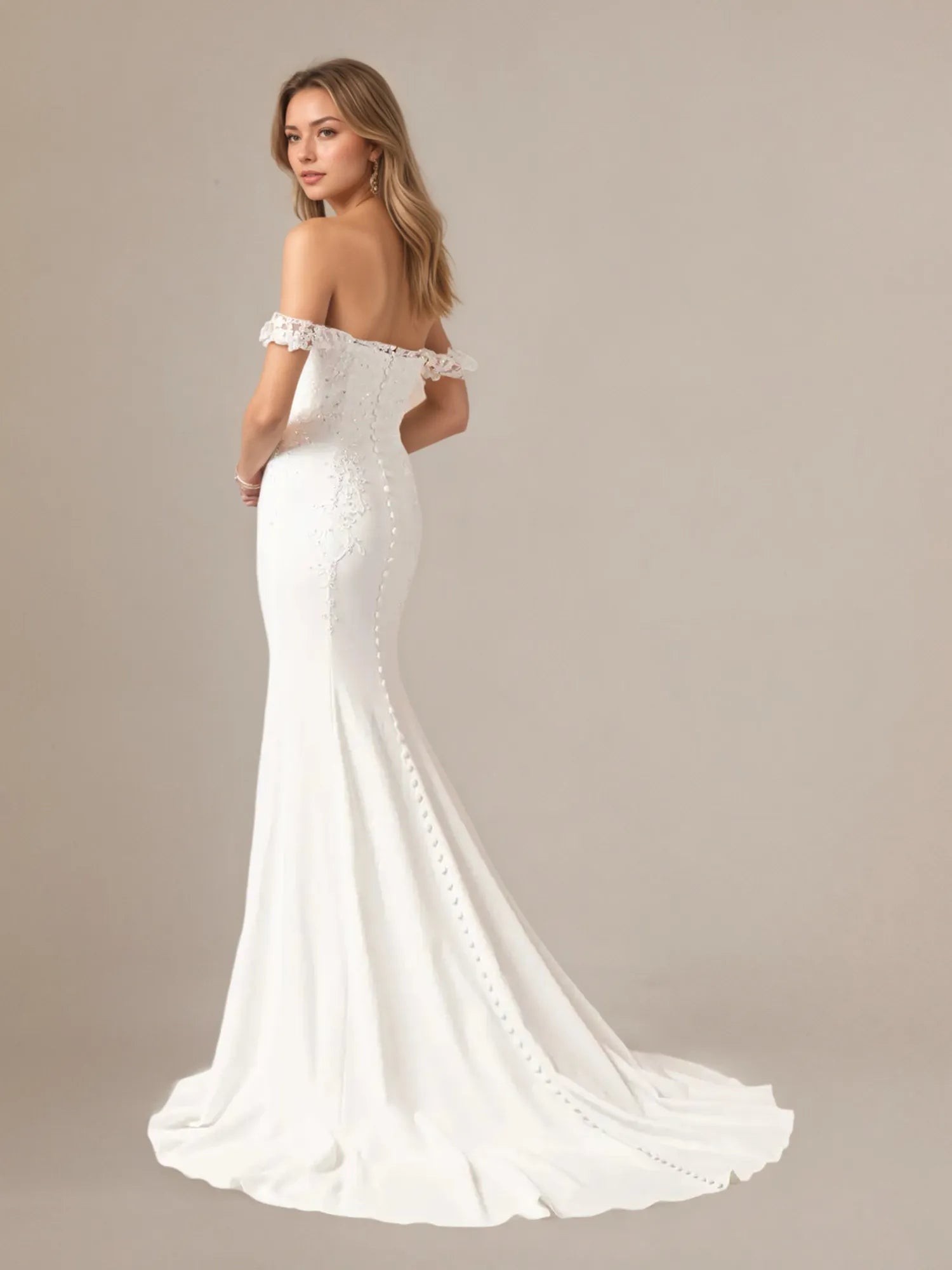 Vestido de novia blanco de sirena con lentejuelas y escote off the shoulder en crepé elástico
