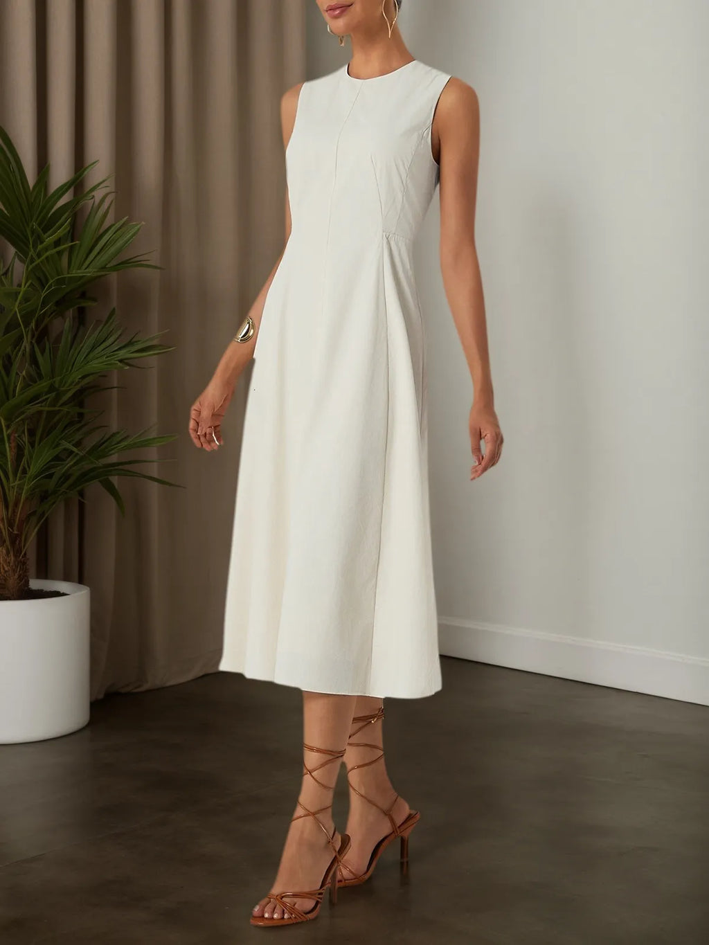 Robe midi abricot en lyocell coton, col rond, sans manches, ligne A