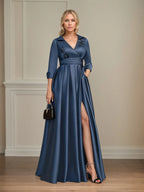 Vestido de madre de la novia de satén largo hasta el suelo, línea A, con escote en V, cuello, abalorios, lentejuelas 3D florales y plisados