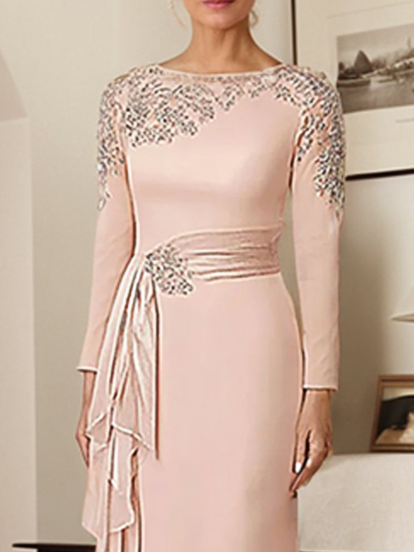 Elegantes, rosafarbenes Satin-Brautmutterkleid mit langen Ärmeln