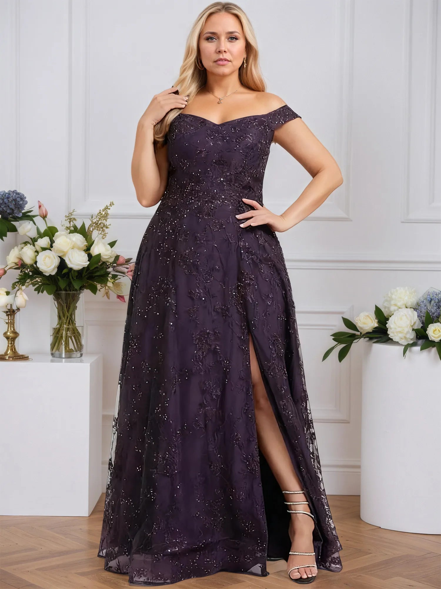 A-line Off the Shoulder Floor-Length Sequin Lace Evening Dress