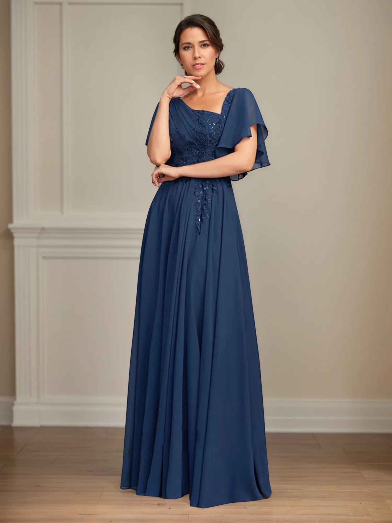 A Line Asymmetrical Floor Length Lace Chiffon Mother of the Bride Dress With Pleated Sequins
