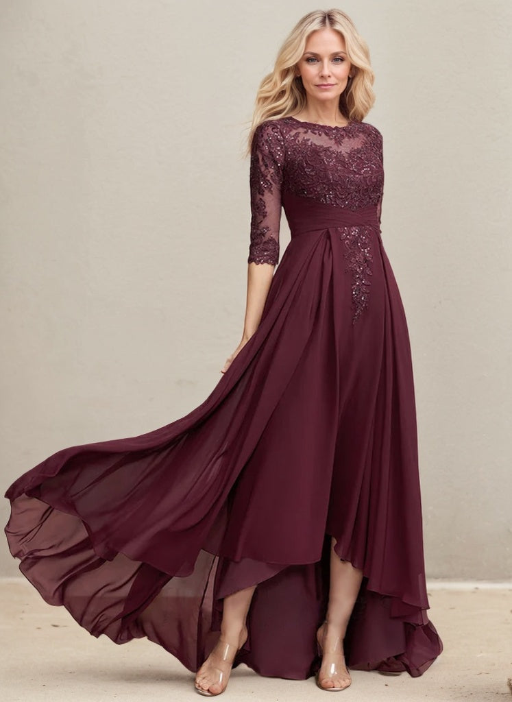 Vestido de madre de la novia línea A con escote redondo ilusión, encaje asimétrico y gasa con lentejuelas plisadas