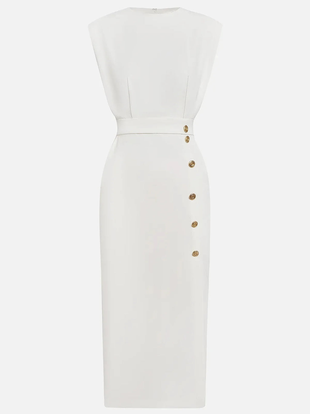 Off White Button Slit Crew Neck Sheath Midi Dress